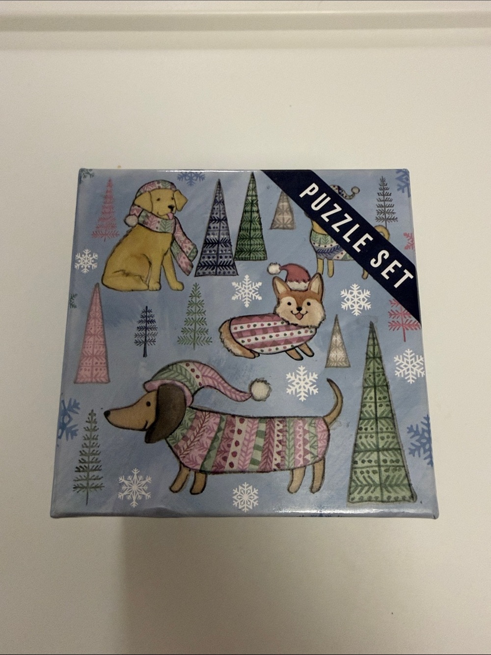 Peppermint & Pine Dog Puzzle - Light Blue with Pink and Green Accents